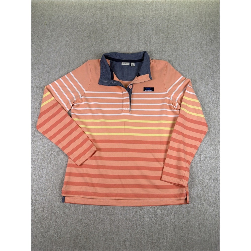 LL Bean Pullover Top Women's  M Peach Orange Striped Outdoors Button Collar